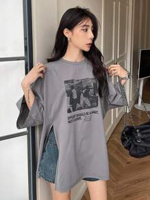 DAZY Women's Vintage Pattern Loose T-Shirt Summer Oversized T-Shirt,Graphic Tees - Grey - View 3