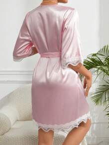 SHEIN Lace Patchwork Women's Robe Luxe Loungewear, Fall, Winter - Baby Pink - View 3