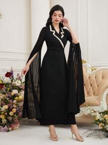 Modelyn Women's Color Block Turtleneck Arabian Dress With High Slit Long Sleeves Long Evening Dresses - Black - View 6