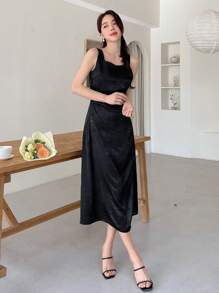 DAZY Của phụ nữ Không tay Người yêu Đường viền cổ áo Đầm - màu đen - Xem 5