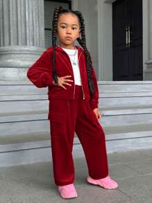 SHEIN 幼兒女孩天鵝絨拉鍊連帽夾克和褲子套裝 - 紅色 - 查看 3