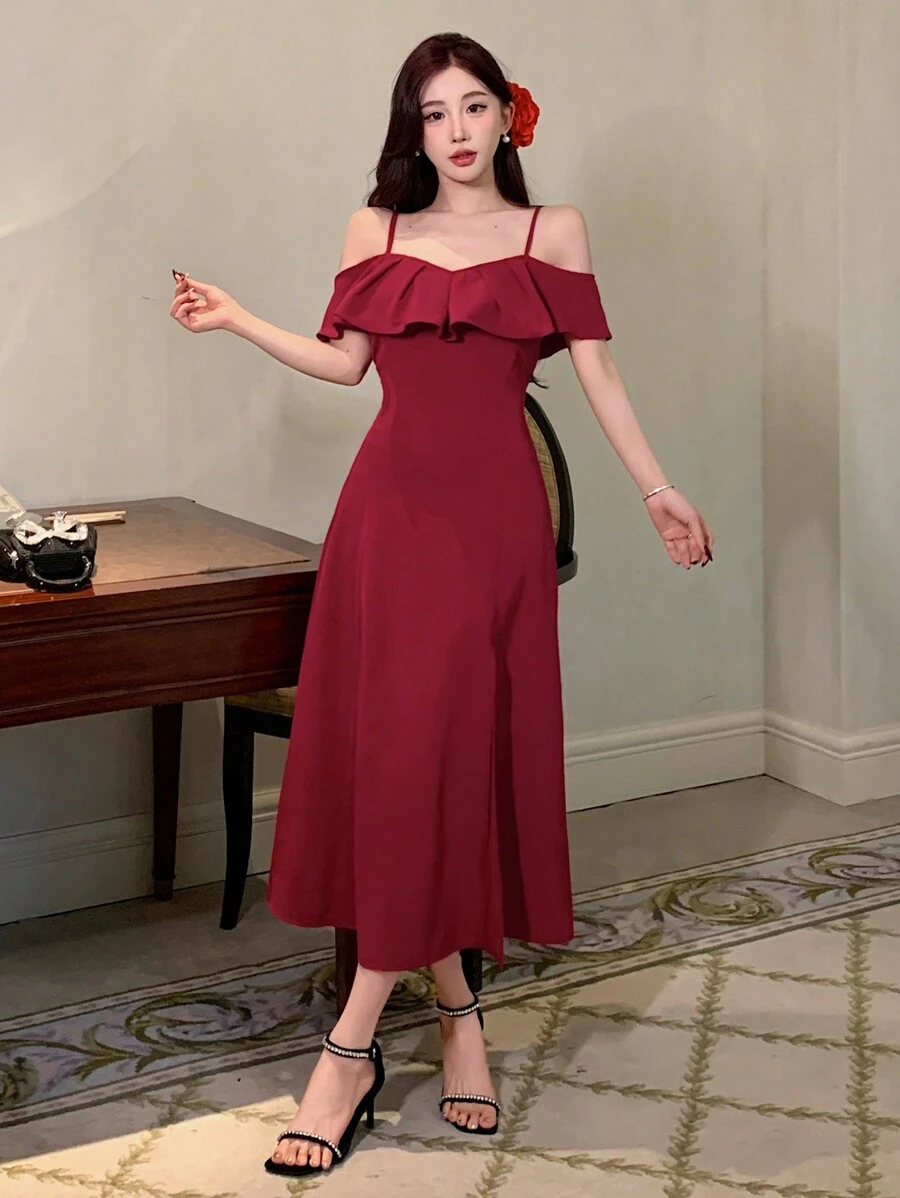 DAZY 露肩荷叶边开衩连衣裙 舞会礼服 吊带裙 红色女装 优雅女装