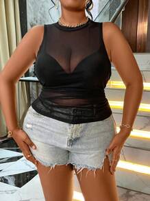 Maweii Plus Ruched Sheer Mesh Tank Top - Black - View 4