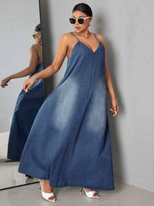 SHEIN SXY Kích thước lớn Của phụ nữ Lỏng lẻo Đầm denim Với Dây đai - Rửa tối - Xem 4