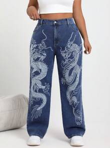 SHEIN EZwear Plus Size Men's Dragon Printed Straight Leg Jeans - Medium Wash - View 1