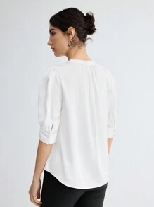 BizChic 女式缺口领肘袖衬衫，都市通勤办公室商务休闲优雅正式衬衫上衣 - 白色 - 查看 2