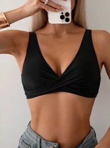 SHEIN Swim Ladies' Summer Beach Solid Color Cross Tie Back Bikini Top - Black - View 3
