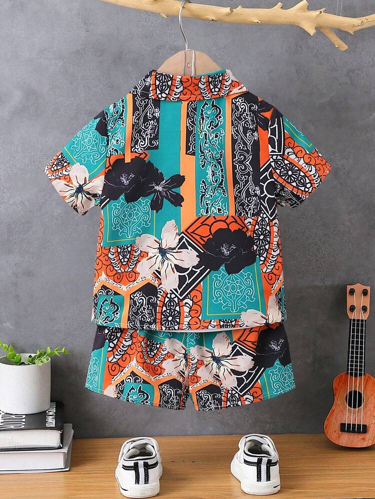 3pcs/Set Baby Boy Casual Vacation Style Short Sleeve Shirts & T-Shirts And Loose Printed Shorts