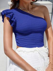 Vivid Eden 女士單肩荷葉邊短上衣 - 寶藍色 - 查看 5