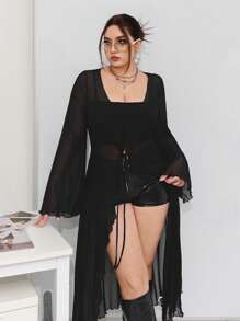 SHEIN ICON Plus Size Perspective Open Front Top - Black - View 1