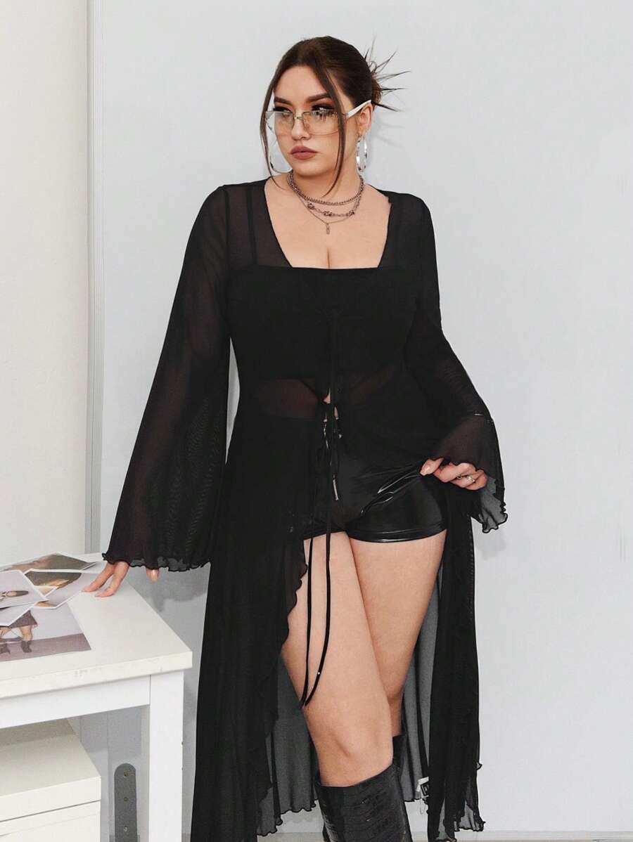 SHEIN ICON Plus Size Perspective Open Front Top - Black - View 1
