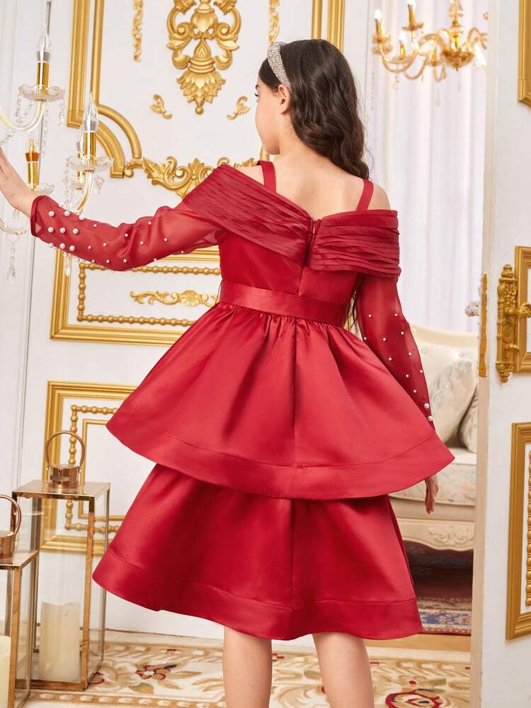 Tween Girls' Adorable Embroidered Cold Shoulder Mesh Dress With Bead Decoration