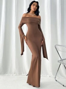 Firerie Quay xuống Vòng cổ Off Shoulder Dài Đuôi cá Hem Đầm - màu nâu - Xem 4