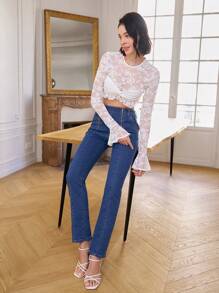 SHEIN Frenchy 綁繩式短款上衣,胸口打結細節設計 - 白色 - 查看 4