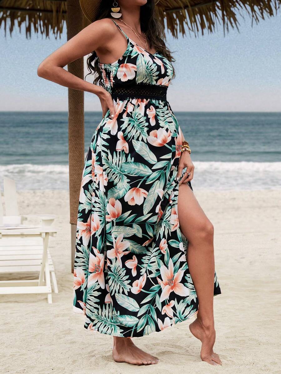 SHEIN 孕妇热带印花前开叉细肩带连衣裙 - 彩色 - 查看 1