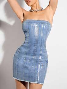 SHEIN BAE 金屬派對管狀上身性感牛仔裙＆節日服裝＆音樂節服裝＆鄉村音樂會服裝 - 彩色 - 查看 4