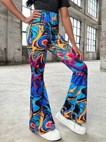 SHEIN Tween Girl Casual Knitted Graffiti Print High Waisted Flare Pants For Spring/Summer - Multicolor - View 1