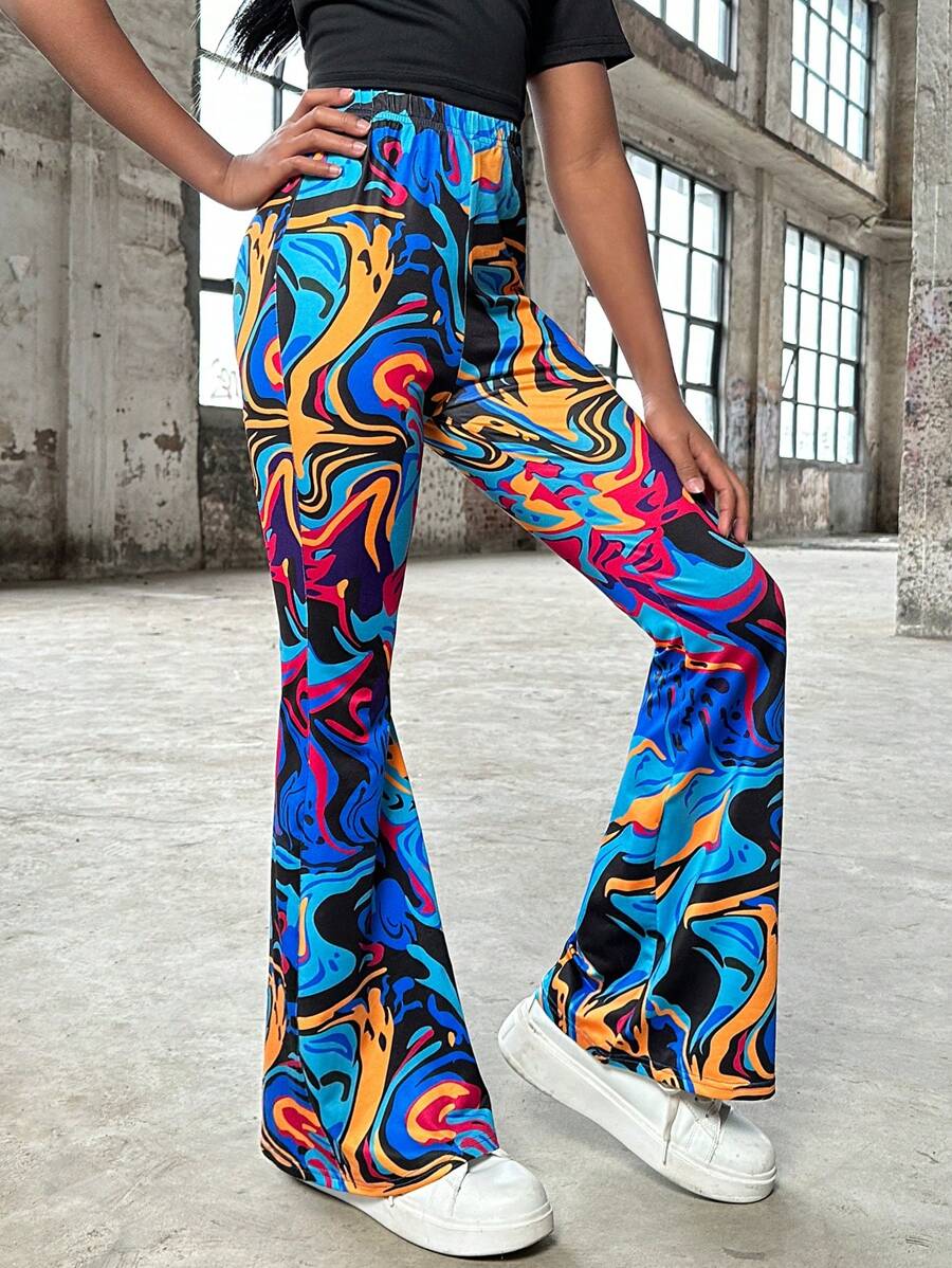 SHEIN Tween Girl Casual Knitted Graffiti Print High Waisted Flare Pants For Spring/Summer - Multicolor - View 1