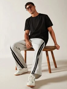 Manfinity VCAY Men's Color Block Drawstring Waist Jogger Pants With Patch Detail Workout Casual Straight Leg Sweatpants, For Husband, Boyfriend Gifts - Light Grey - View 5