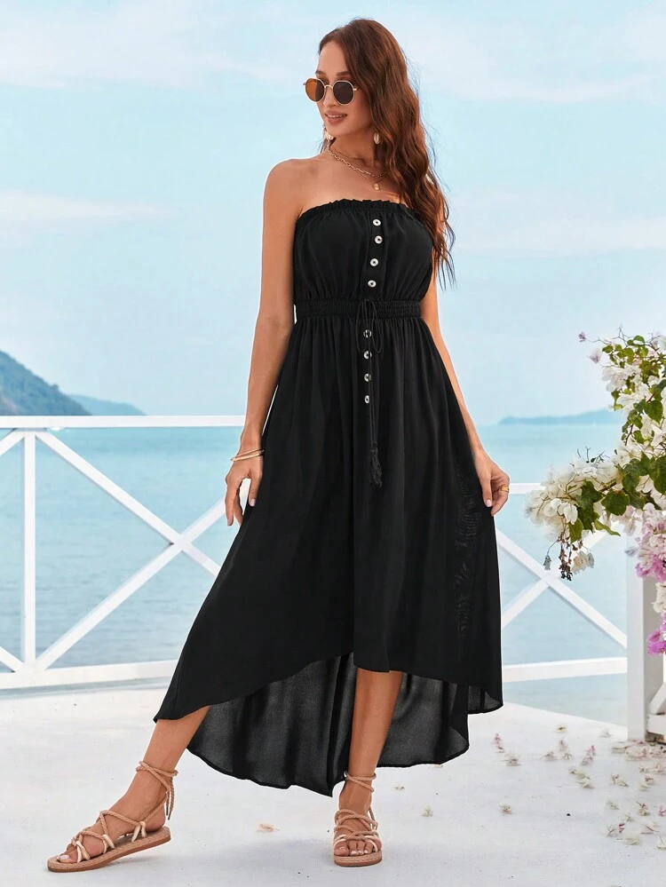 Vacation Button Decoration Strapless Dress, Maxi Women Dresses