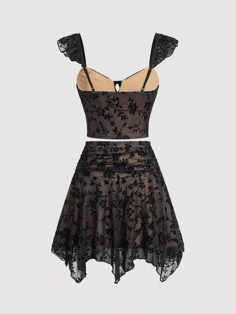 Women's Floral Mesh Ruffle Armhole Tie Front Top And Hanky Hem Skirt Set