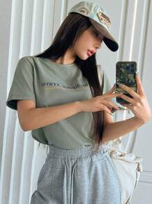 DAZY 女士宽松圆领短袖字母印花T恤太空旅行这是人类的一次突破，秋季服装，返校服装 - 綠色 - 查看 5