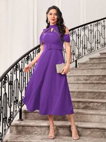 Modelyn Vestido midi de mujer de unicolor con hombros abiertos, cuello alto y flecos - Morado Violeta - Ver 1