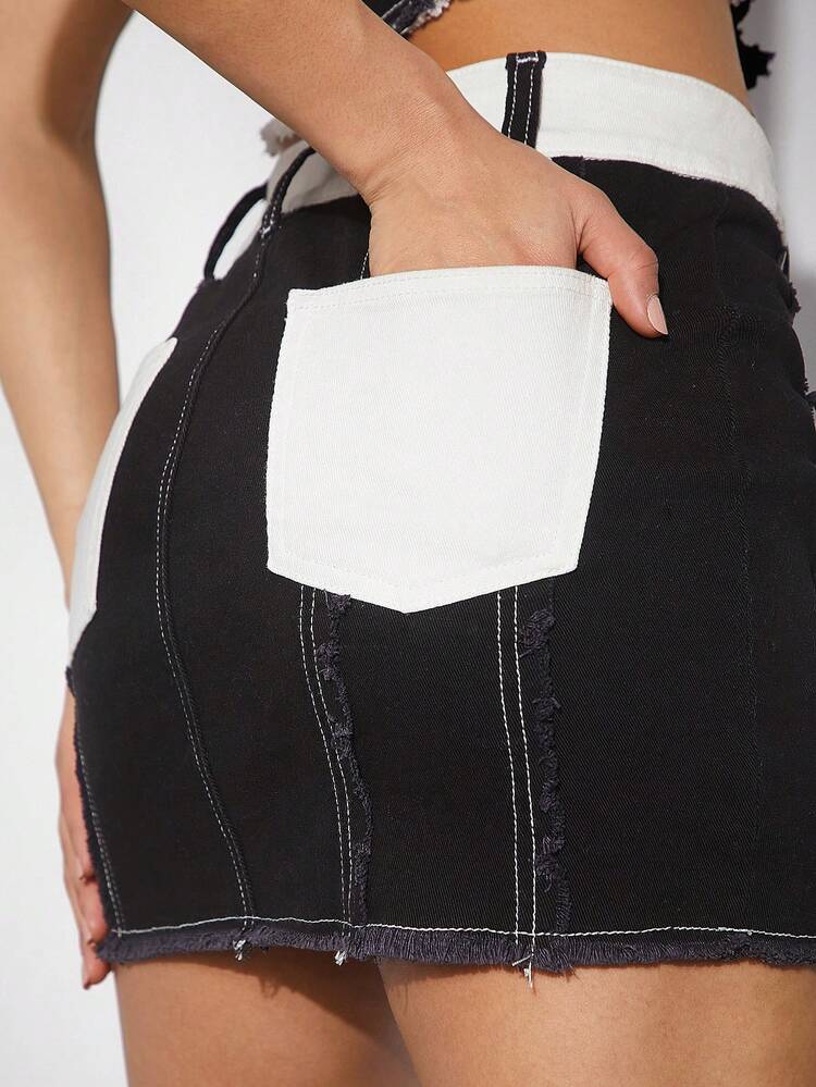 Contrast Waist Pocket Back Denim Skirt