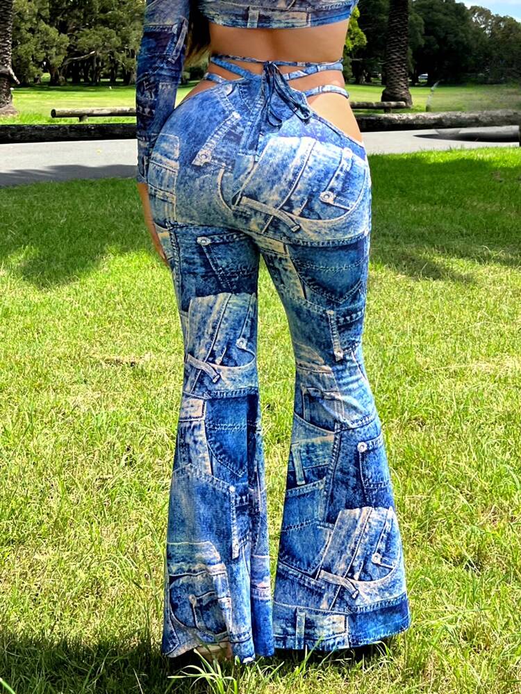 Spring/Summer Clothing, Denim Effect Hollow Out Flared Pants