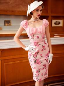 Vintamour 玫瑰印花泡泡袖短袖紧身连衣裙配腰带复活节女士连衣裙夏装 - 粉色 - 查看 4