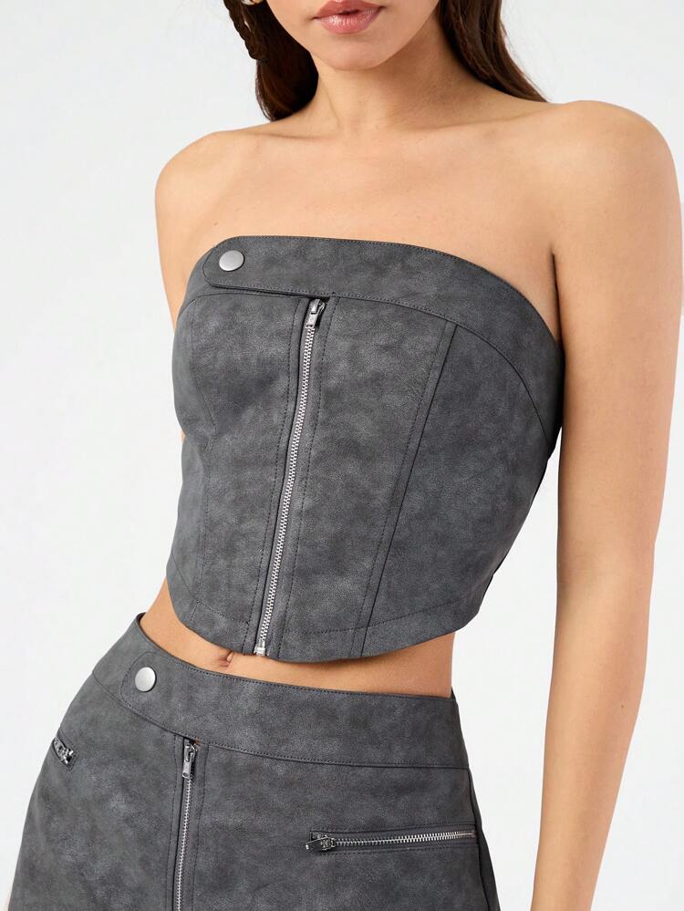 Women's Zipper Front Bandeau Top And Skirt Set