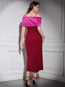 Modelyn Burgundy Red Women's Color Contrast Off-Shoulder Split Hem Halterneck Dress Long Evening Dresses - Burgundy - View 8
