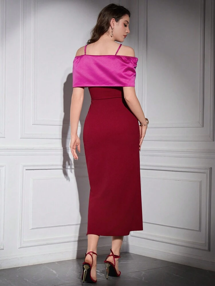 Burgundy Red Women's Color Contrast Off-Shoulder Split Hem Halterneck Dress Long Evening Dresses