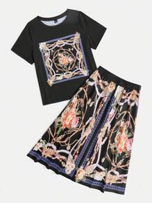 Mulvari 女士花卉印花上衣和阔腿裤套装 2 件套 - 黑色 - 查看 3