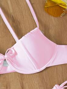 SHEIN Swim 夏季海滩纯色镂空泳装比基尼上衣带细肩带钢圈装饰沙滩上衣 - 淺粉色 - 查看 3