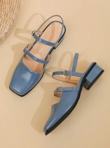 女士玛丽珍粗跟方头鞋，踝带搭扣，适合搭配裙装，优雅，女士高跟鞋，芭蕾舞鞋 - 霧霾藍 - 查看 5