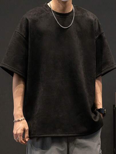 男士休闲简约纯色落肩宽松T恤，emo