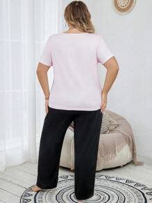 Plus Size Cat Print Top & Black Pants Pajama Set - Baby Pink - View 3