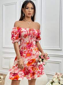 SHEIN Unity Floral Print Off Shoulder Puff Sleeve Layered Ruffle Hem Dress For New Year Clothes