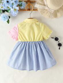 Vestido Para Bebé Niña De Cuadros Y Bloques De Color Con Botones Y Cuello Medio Abierto - Multicolor - Ver 2