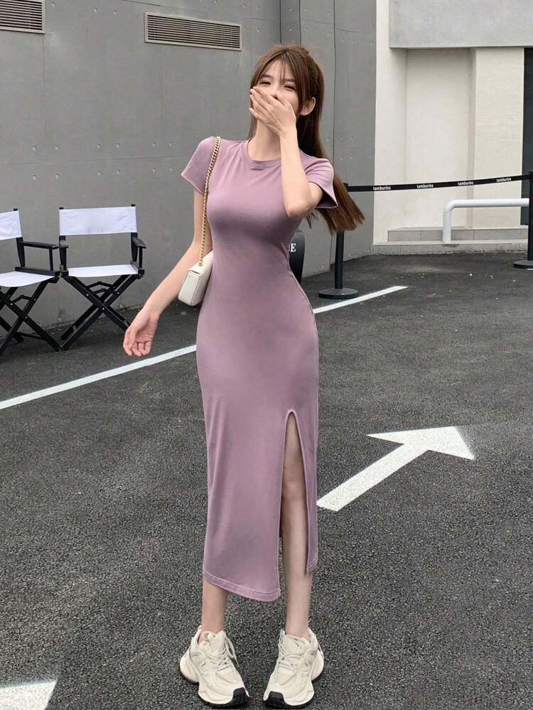 Women's Round Neck Short Sleeve Split Hem Dress Sundress