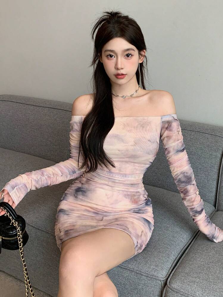 DAZY Vestido largo de manga larga con hombros descubiertos y efecto tie-dye, vestido sexy para festivales, ropa de otoño, ropa de vuelta al colegio - Multicolor - Añade 6