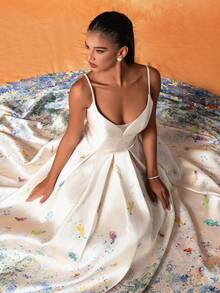 Của phụ nữ In Dài Cao-kết thúc Và Thanh lịch Phong cách Dây đeo Đầm dạ hội - Rượu sâm banh - Xem 7