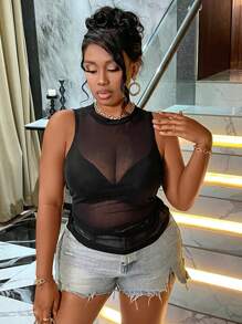 Maweii Plus Ruched Sheer Mesh Tank Top - Black - View 6