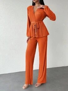 SHEIN Cottnline Surplice Neck Belted Top & Pants - Orange - View 4
