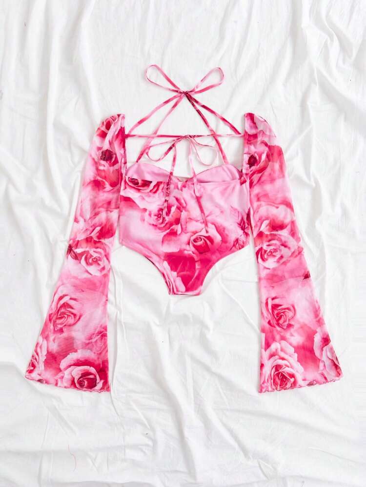 Women's Floral Print Bell Sleeve Halter T-Shirt