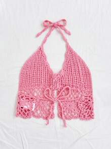 Soleia Áo hở vai đan móc họa tiết hoa 3D cho kỳ nghỉ của phụ nữ, màu trơn - Hồng - Xem 2