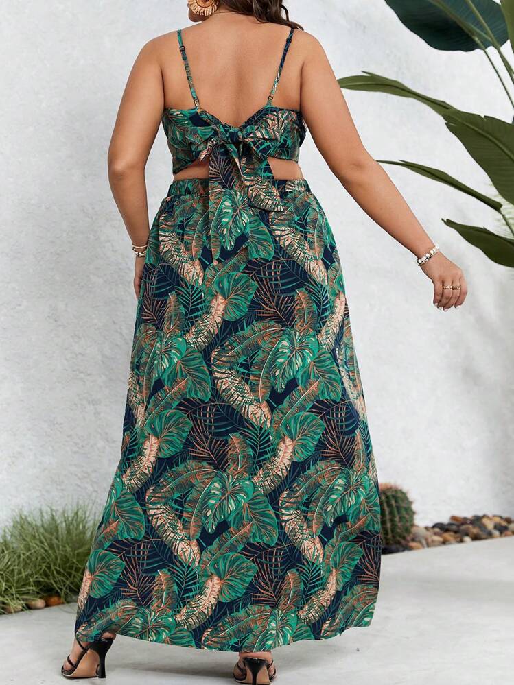 SHEIN VCAY Plus-Size Spring/Summer Vacation Two-Piece Set With Leaf Split And Backless - Multicolor - View 2