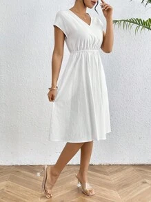 SHEIN Essnce 女士純色簡約v領連身裙 - 白色 - 查看 6