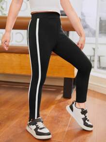 SHEIN Młoda dziewczyna Ciasny Codzienny W połowie talii Kolorowy blok Legginsy Z Tkany pasek